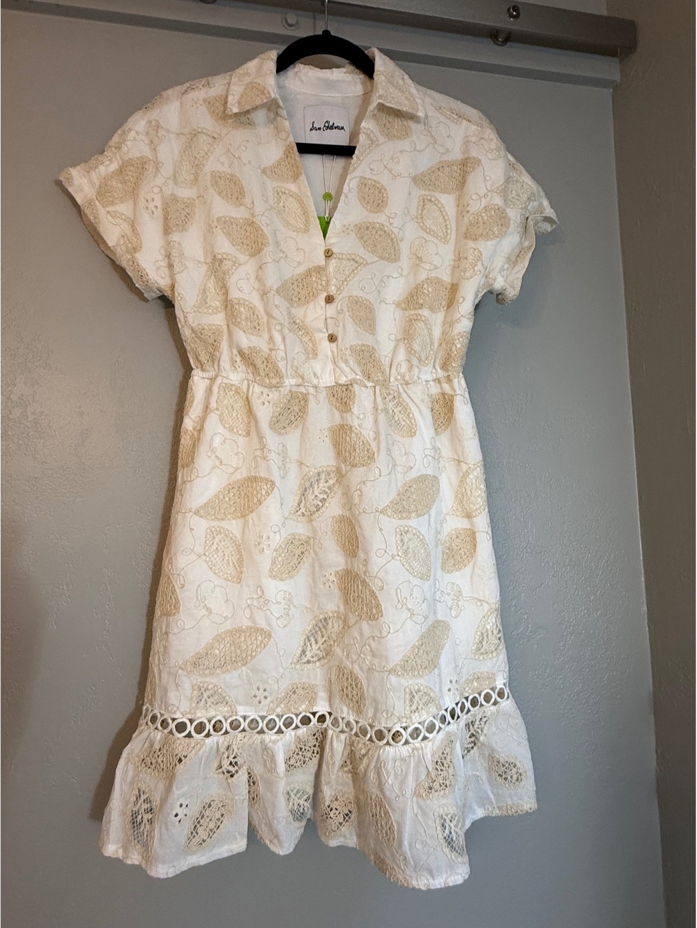 NWT San Edelman White and Beige Embroidered Dress with Button Detail - Small